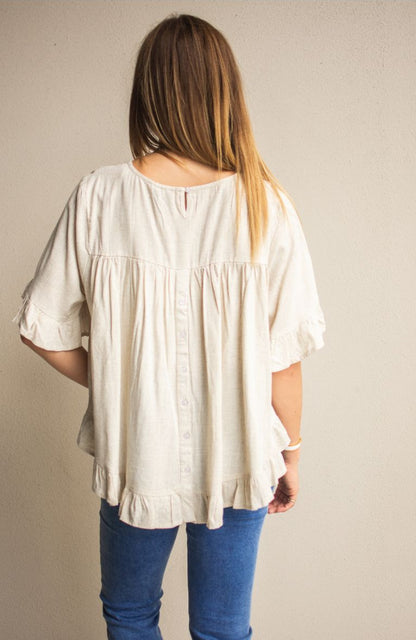 Linen frill hem top- cornflour