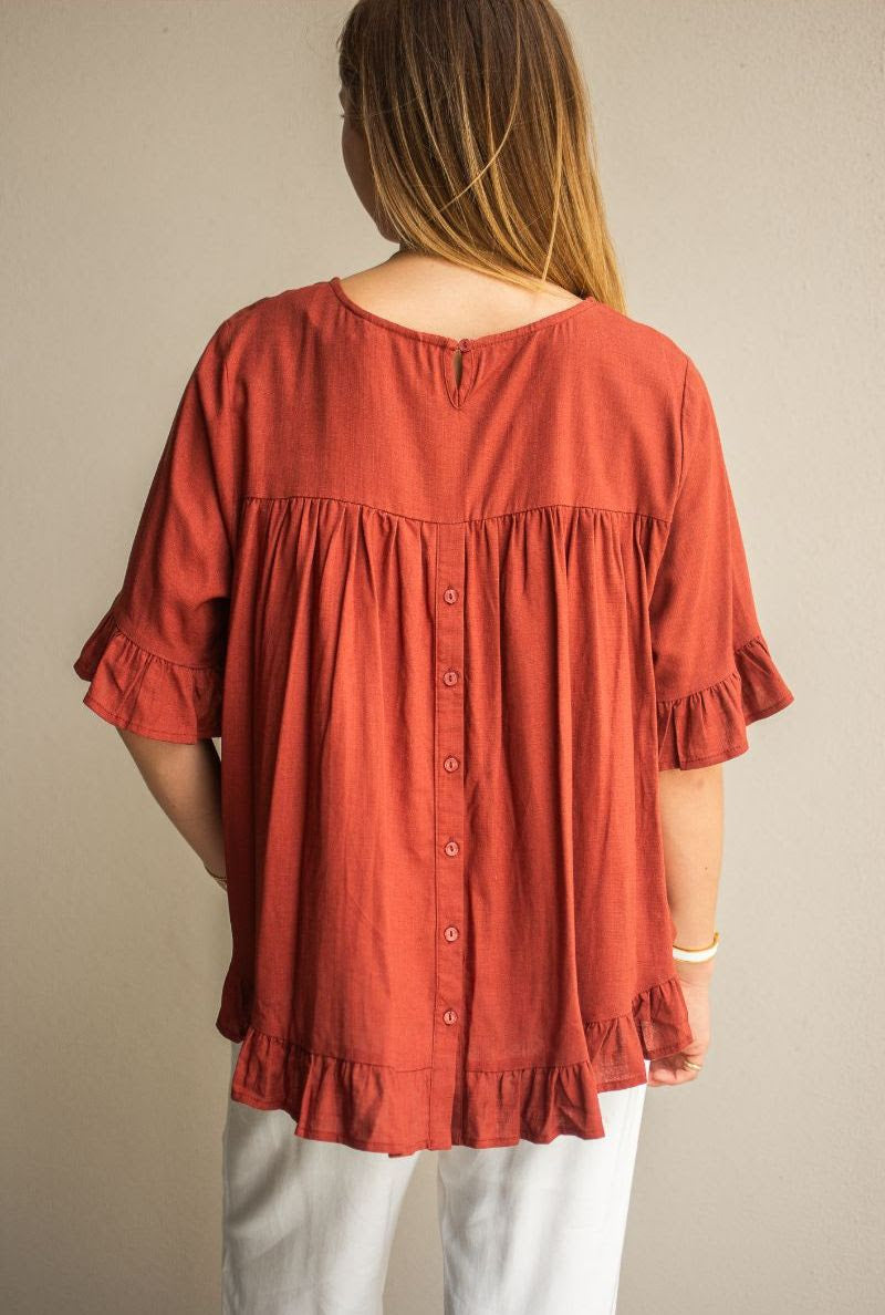 Linen frill hem top- rust