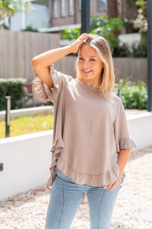 Linen frill hem top- Brown