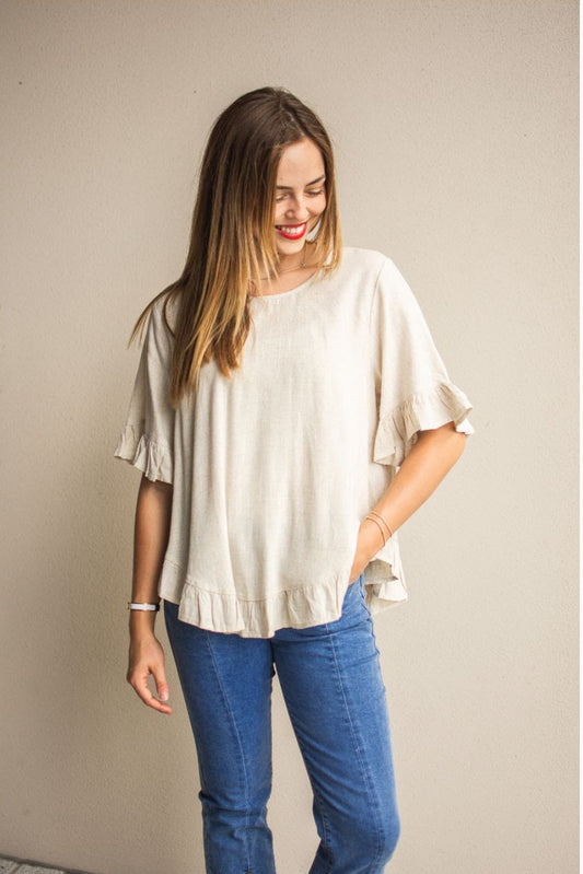 Linen frill hem top- cornflour