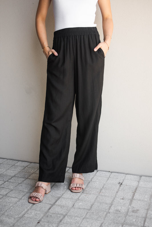 Linen blend relaxed pants- Black