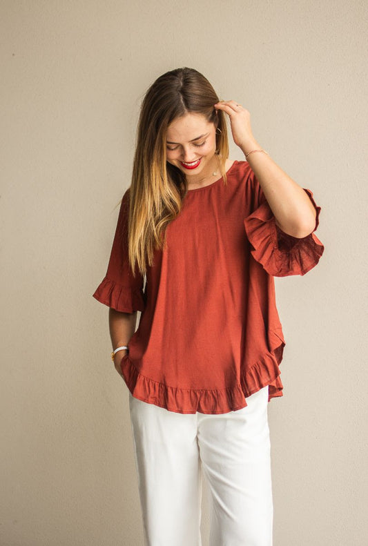 Linen frill hem top- rust