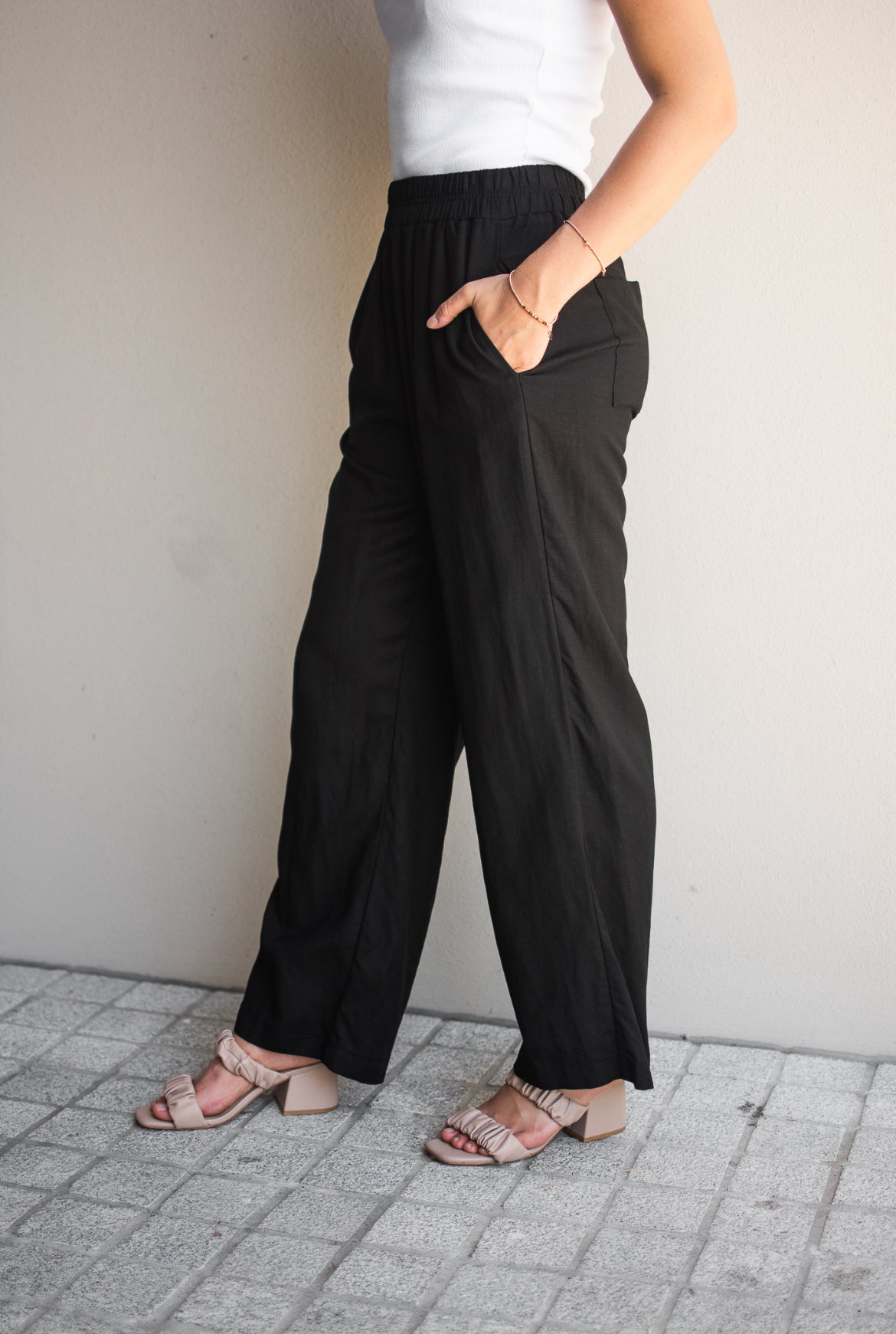 Linen blend relaxed pants- Black