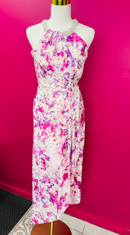 Pink floral dress with pearl neck 8