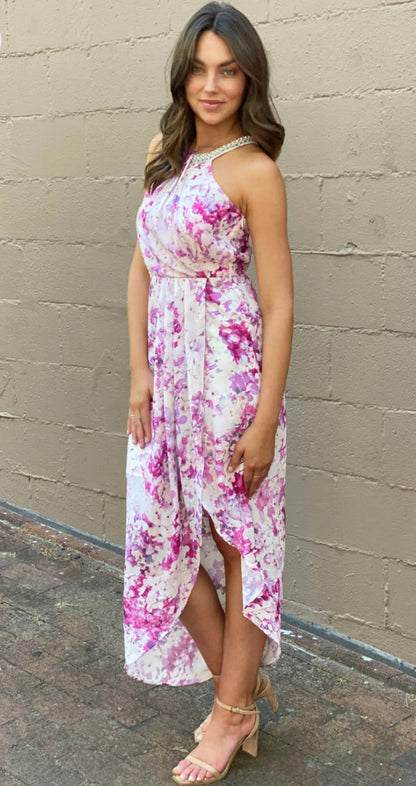 Pink floral dress with pearl neck 8