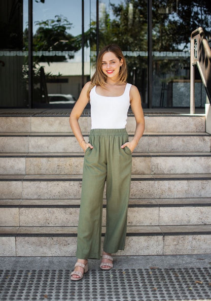 Linen blend relaxed pant- khaki