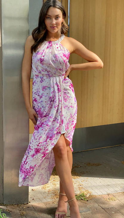 Pink floral dress with pearl neck 8