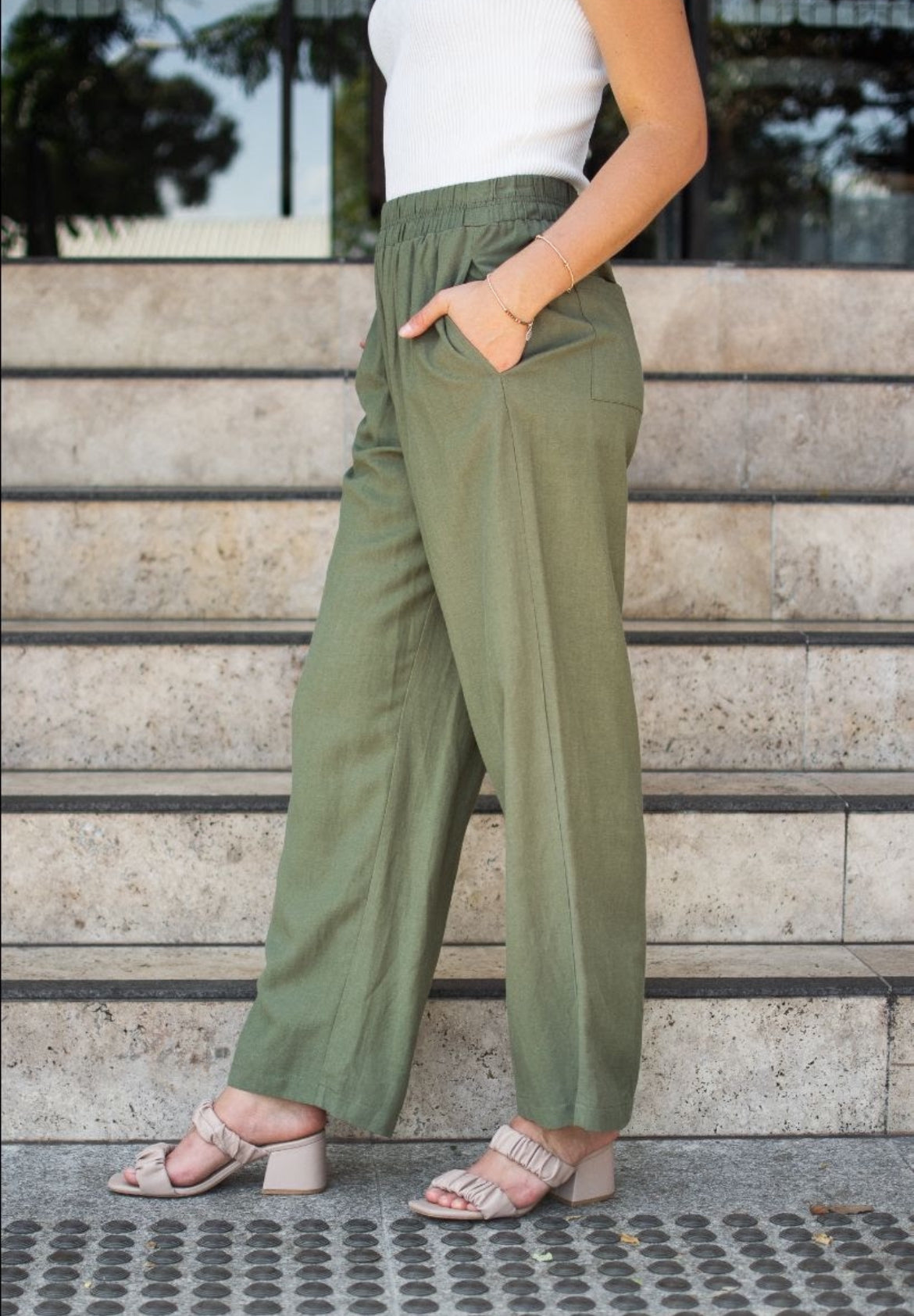 Linen blend relaxed pant- khaki