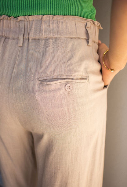 Linen viscose elastic band pants- Taupe